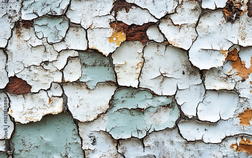 Aufkleber a textured surface featuring peeling paint in various shades of blue, white, and rust, creating an a