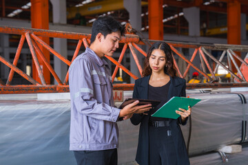 Female manager or inspector is checking or examining the quality control of metal sheet industry or factory with a professional male engineer employee, production quality control in metal warehouse.