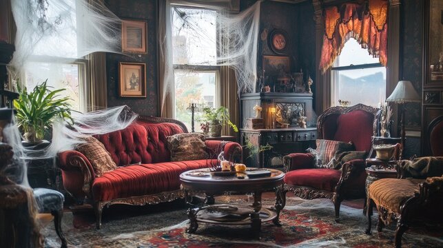 A hauntingly beautiful Victorian living room featuring cobwebs, red velvet upholstery, and vintage decor,