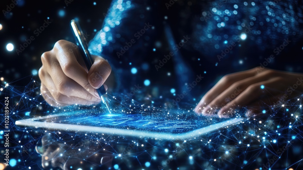 Poster a high-tech image of a hand using a tablet to sign documents electronically, symbolizing e-signature