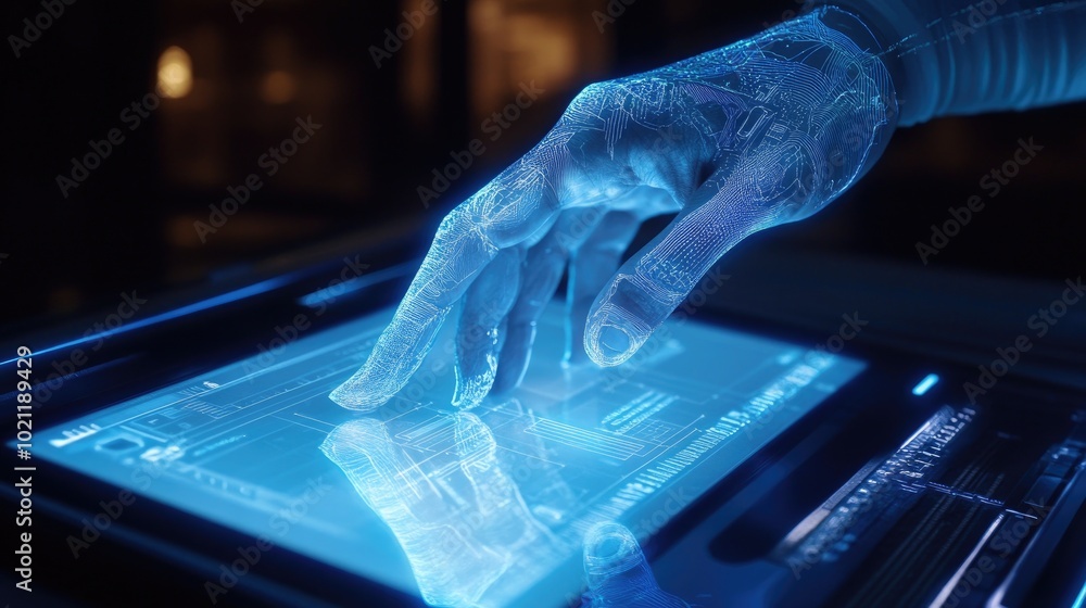 Poster a high-tech image of a hand using a tablet to sign documents electronically, symbolizing e-signature