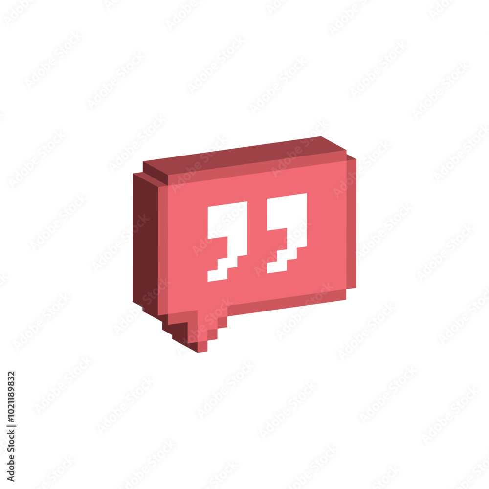 Poster isometric 3d pixel art bubble chat with quote marks vector icon pixel element for 8 bit game