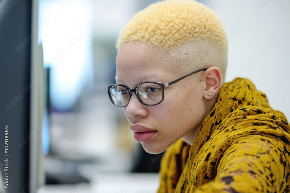 Poster a person wearing glasses sits in front of a computer, focused on the screen