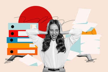 Creative drawing collage picture of tired female suffer migraine paper office work freak bizarre...
