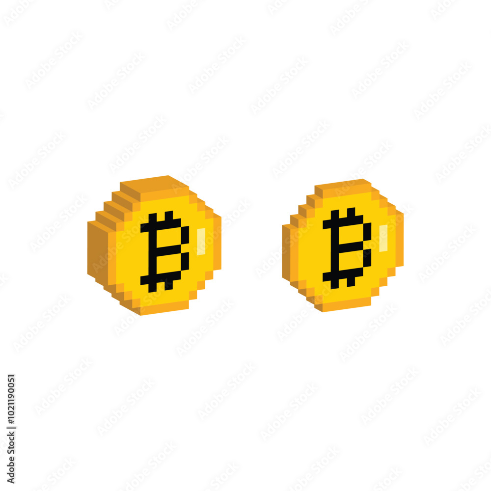Aufkleber isometric 3d pixel art bitcoin vector icon golden coin pixel element for 8 bit game
