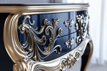 A wooden chest of drawers with a black and gold finish in a room