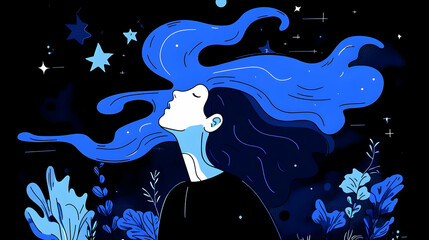 Abstract Illustration of a Woman with Blue Hair Flowing in the Night Sky with Stars