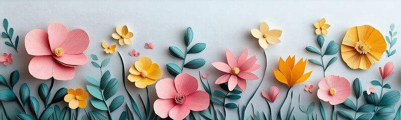 A vibrant, multi-colored floral arrangement featuring paper flowers and leaves against a light blue backdrop, creating a cheerful and artistic display.