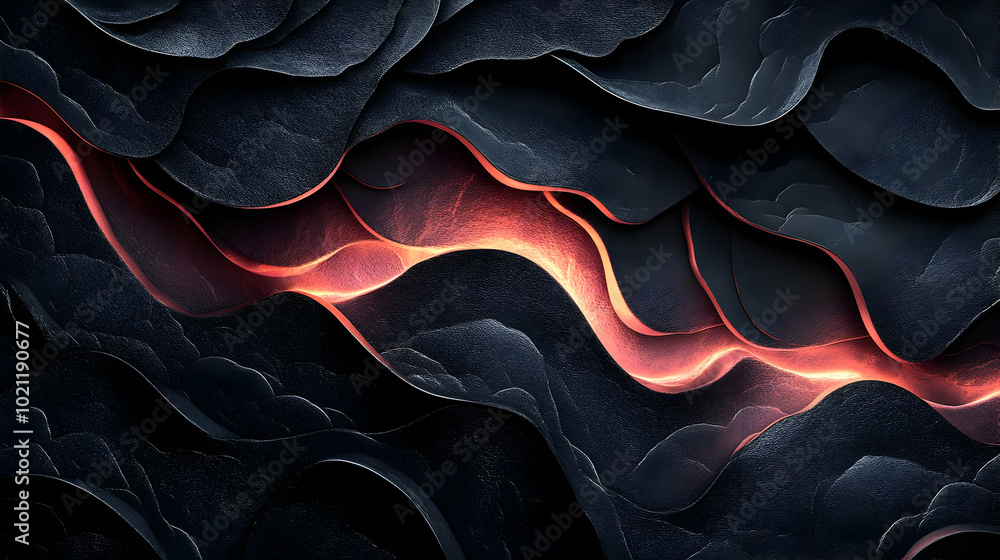 Wall mural abstract 3d render of black textured wavy shapes with glowing red lines