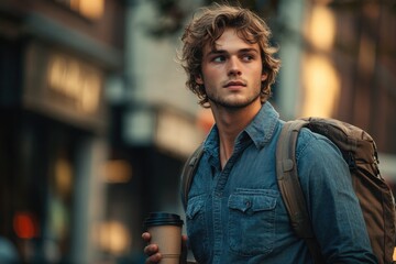 Fototapeta premium A person carrying a backpack and holding a cup of coffee on the go