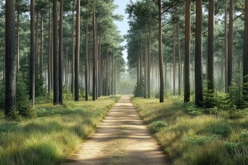 Fototapeta premium Dirt path leading to a campsite in pine forest, rustic and inviting