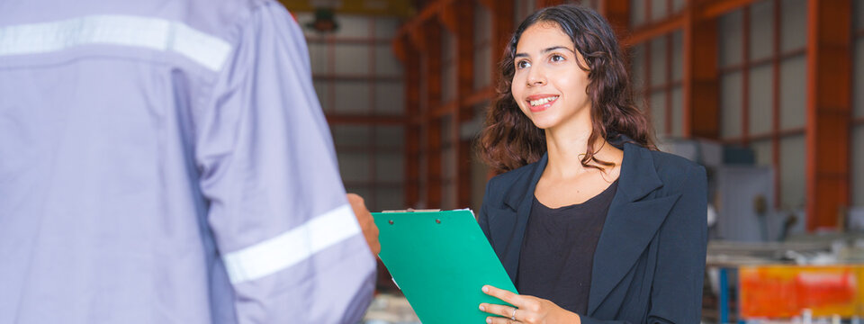 Close up Female manager or professional entrepreneur is interview or discussion with engineer in industry or factory, concept on side occupation or job interview, human resources find colleague.