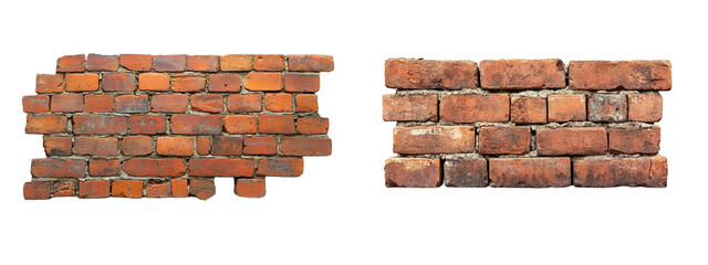 Textured Brick Wall with Weathered Red Bricks isolated on transparent background.  