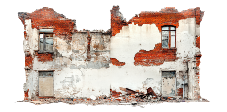 Abandoned building with weathered brick and plaster isolated on transparent background.  