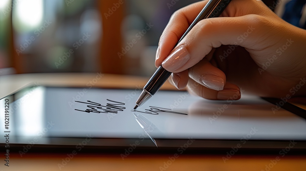 Poster a person applying a digital signature on a tablet, highlighting the convenience and security of e-si