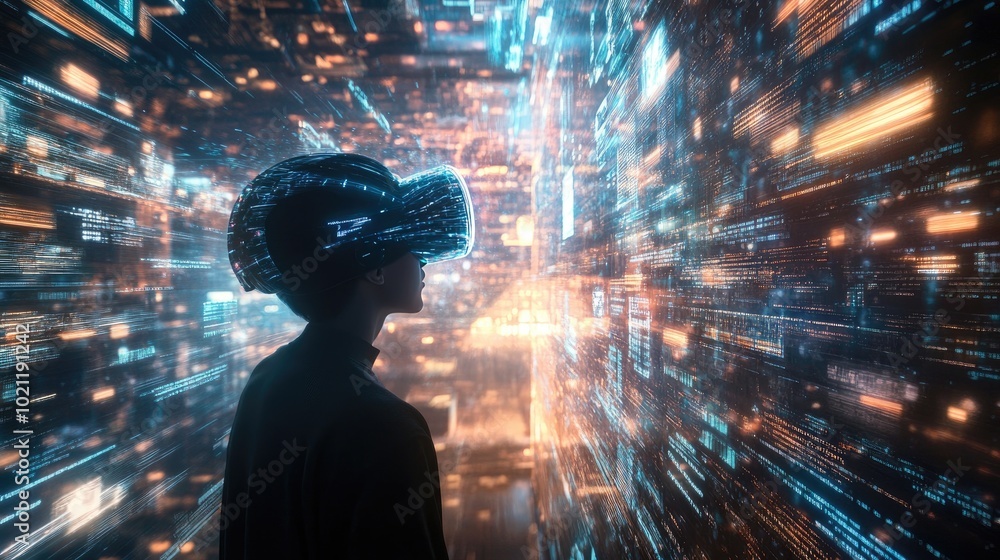 Poster a person immersed in a virtual reality headset, surrounded by flowing digital data streams, blending