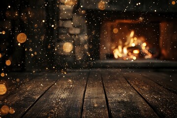 Fototapeta premium Wooden background with glitter effects and fireplace with generative ai