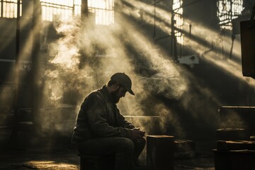 Fototapeta premium A man sits on a bench in a factory, resting during his shift