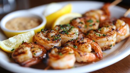 Grilled shrimp skewers garnished with herbs, served with lemon wedges and a creamy dipping sauce.