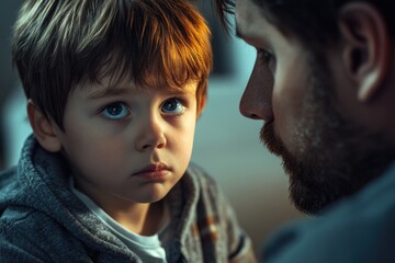 Obraz premium A heartfelt moment of human connection between an adult male and a young child, gazing at each other with curiosity and understanding