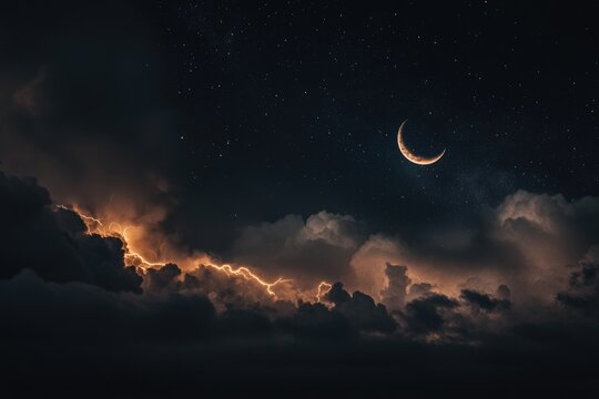 A crescent-shaped moon shines brightly through thin clouds on a clear night