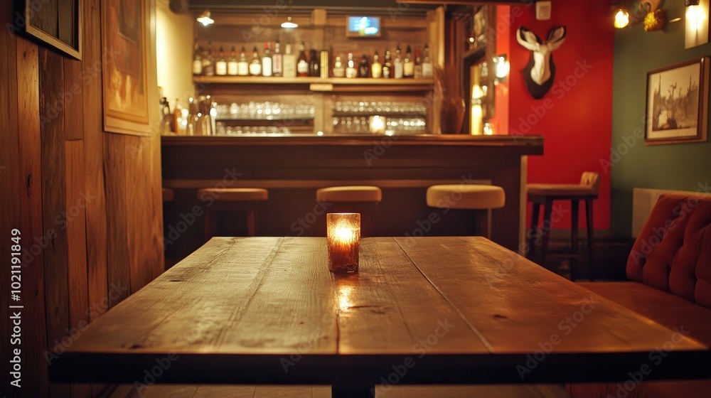 Poster a rustic bar setting showcasing a wooden table and retro counter. the dimly lit space with a soft gl