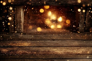Fototapeta premium Wooden background with glitter effects and fireplace with generative ai