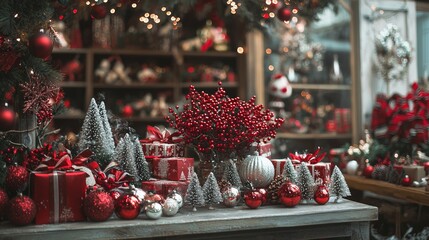 Festive Christmas decorations with mini trees and red presents