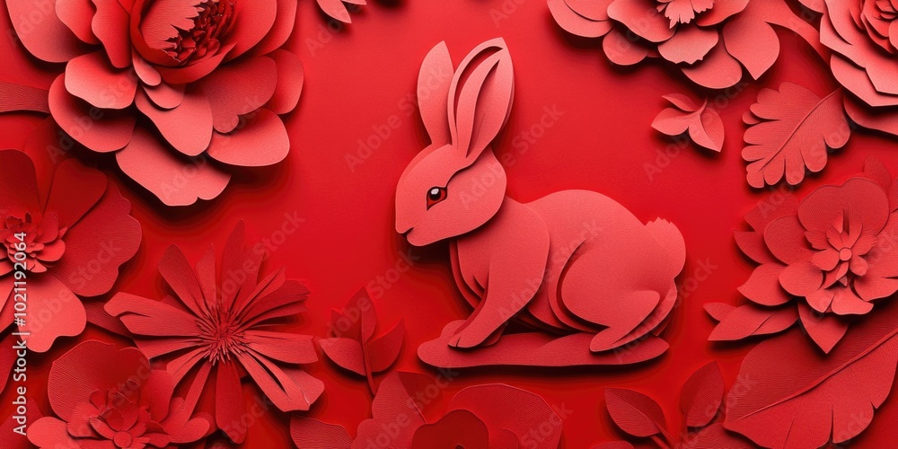 Poster a close-up of paper flowers on a red background with a rabbit, perfect for use in designs or as a sy