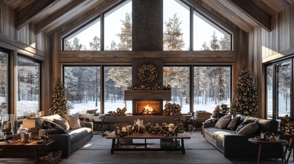 Fototapeta premium A rustic living room decorated for Christmas, featuring large windows, a fireplace, and cozy furnishings,