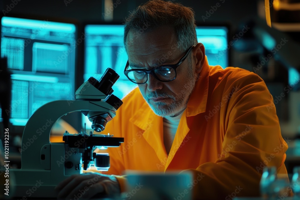 Fototapete A researcher in a laboratory setting studying microscopic life forms with the help of a microscope