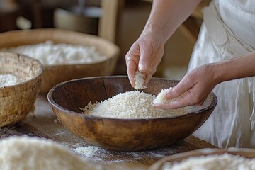 A person adds rice to a wooden bowl. This image depicts the process of preparing rice, highlighting the traditional method of using a wooden bowl.