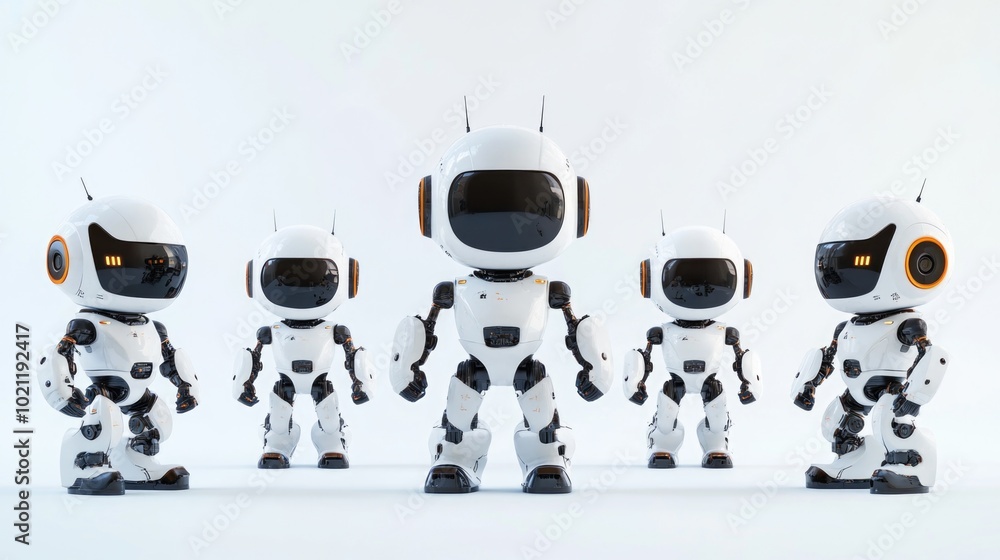 Poster a group of robots standing side by side, with metallic bodies and glowing eyes