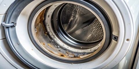 Dirty moldy rubber gasket on washing machine close up with copy space for cleaning concept