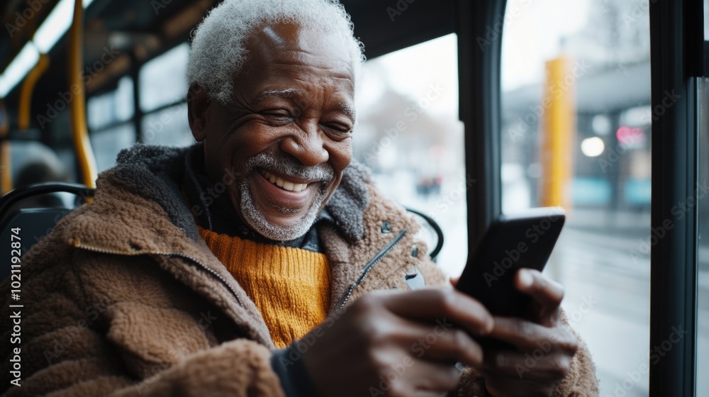 Poster A person sits on a bus staring at their mobile device