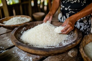 A woman's hand scoops uncooked rice from a wooden bowl. The photo illustrates the traditional process of preparing rice for cooking.