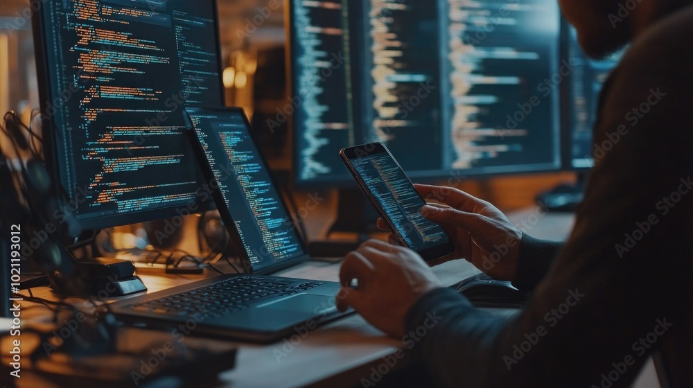 Poster A person working on multiple devices, perfect for depicting multitasking or digital communication