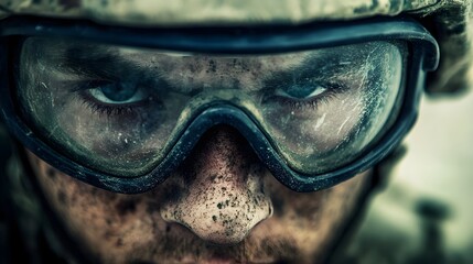 Close-up of the face of a soldier of a non-existent army wearing special military glasses. War,  army, weapons