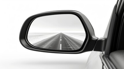 Fototapeta premium Empty Road Ahead: A Winter Road Trip View in the Side Mirror