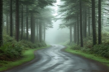 Obraz premium Morning fog on a forest road, pine trees barely visible, serene and mystical