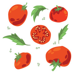 Set of ripe tomatoes. Vegetables. Red tomatoes. Juicy Harvest. Healthy food. Vector on a white background.