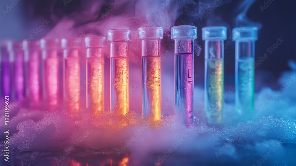 Poster a row of colorful test tubes filled with various liquids and dry ice smoke on a black background.