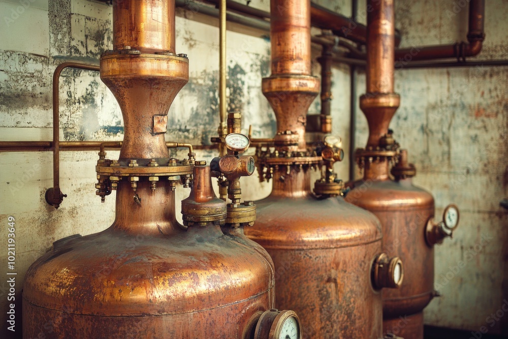 Poster Row of copper pots placed next to each other for storage or display