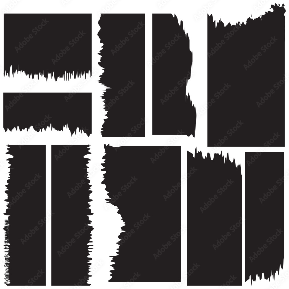 Poster strips and pieces of torn black paper of different shapes. set of ripped sheets, newspaper scrap wit