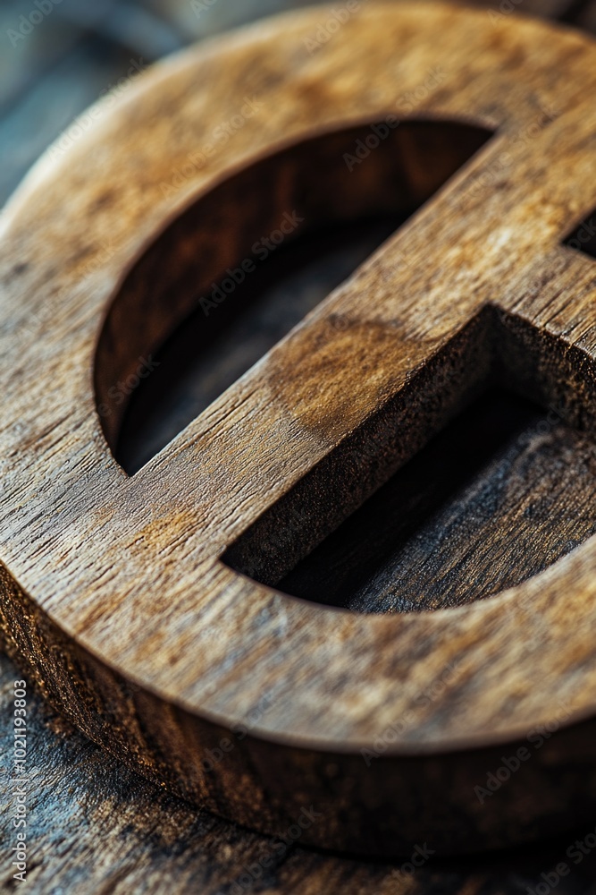 Poster A detailed view of a wooden letter E, suitable for use in design projects or as a decorative element