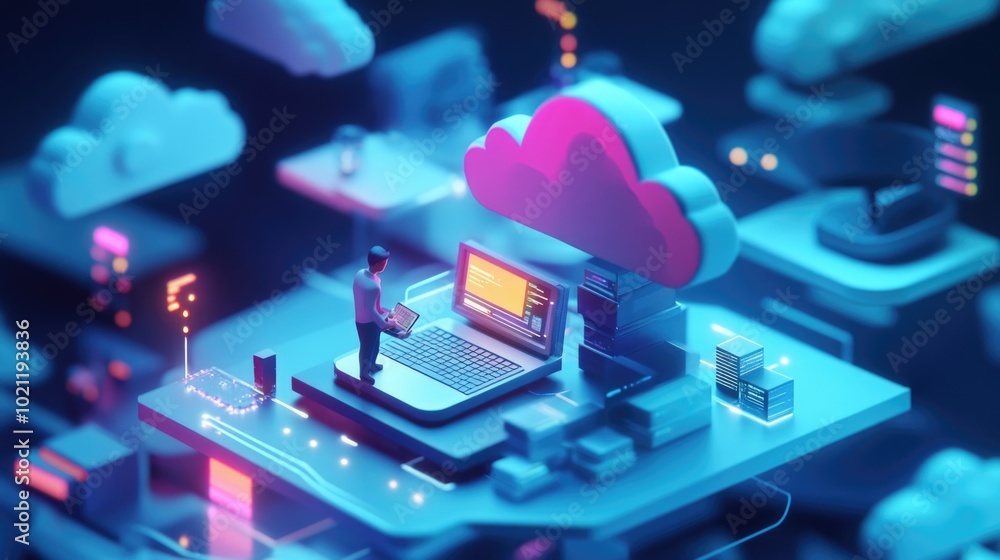 Poster A person sitting at a computer with a virtual cloud background, useful for illustrations about technology and innovation