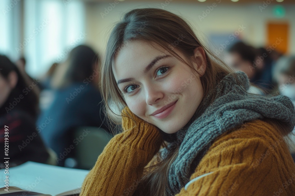 Poster a woman sits at a table with an open book, ready to read
