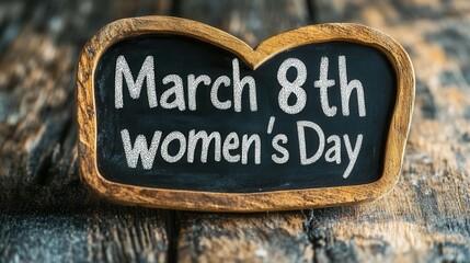 A charming wooden sign displays the dates and message for International Women's Day on March 8, placed on a beautifully textured wooden table, creating an inviting and warm atmosphere for the celebrat
