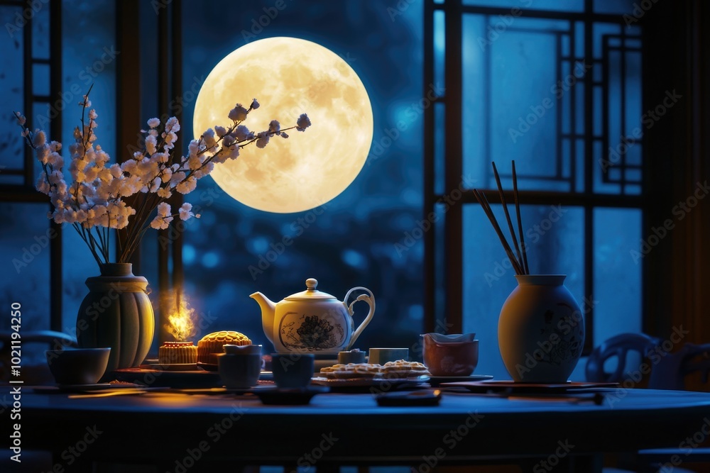 Poster A table set for tea with a full moon shining through the window