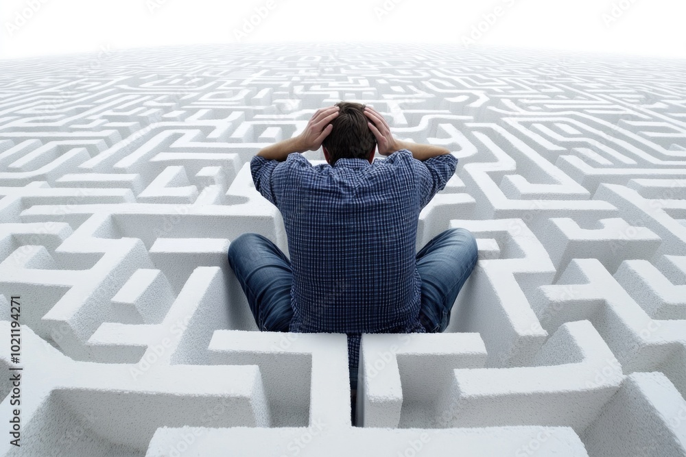 Poster a person sitting in the middle of a maze, surrounded by walls and corridors